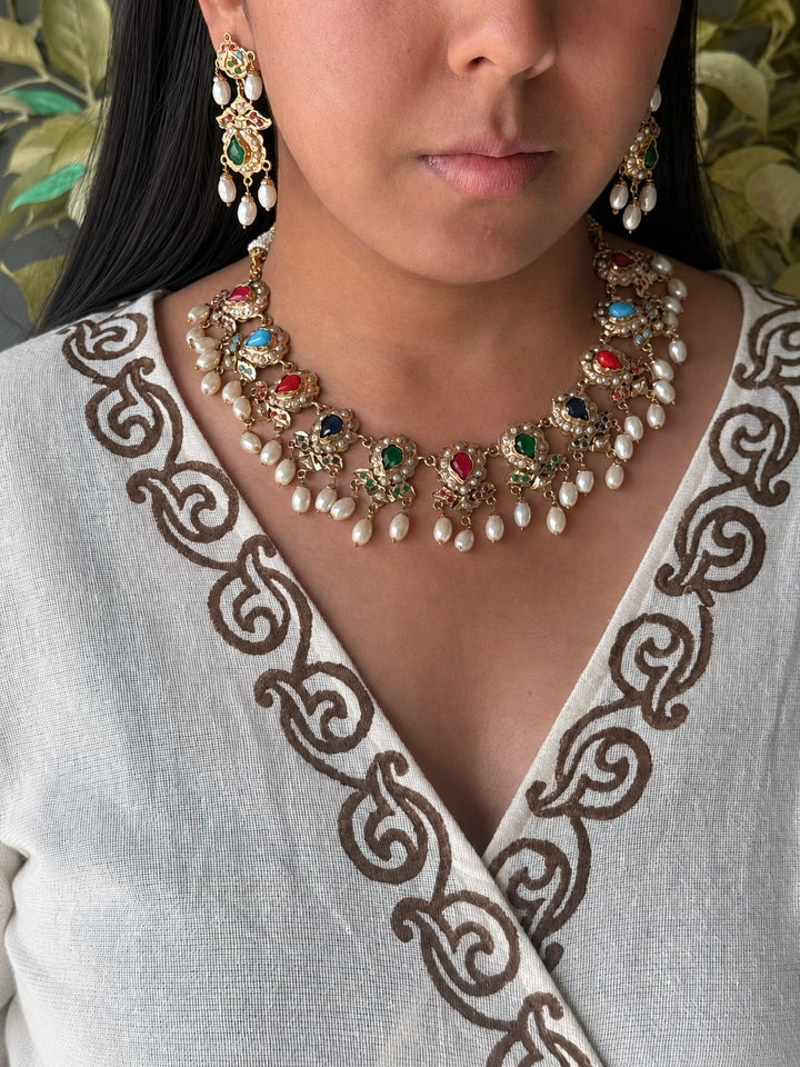 Statement Jadau Necklace Set | 18k Gold Plated | Copper & Semi-Precious Stones