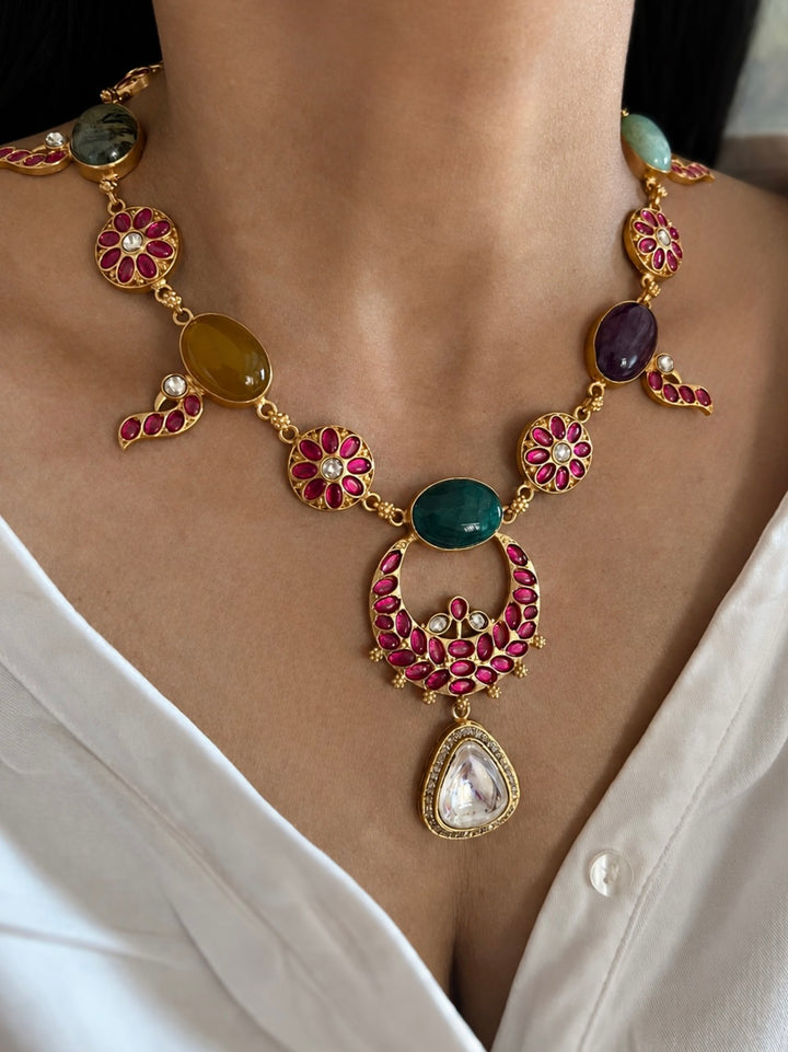 Multi Gemstone Jadau Choker Necklace Set with Earrings