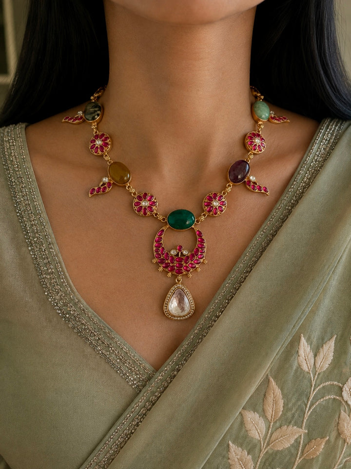 Multi Gemstone Jadau Choker Necklace Set with Earrings