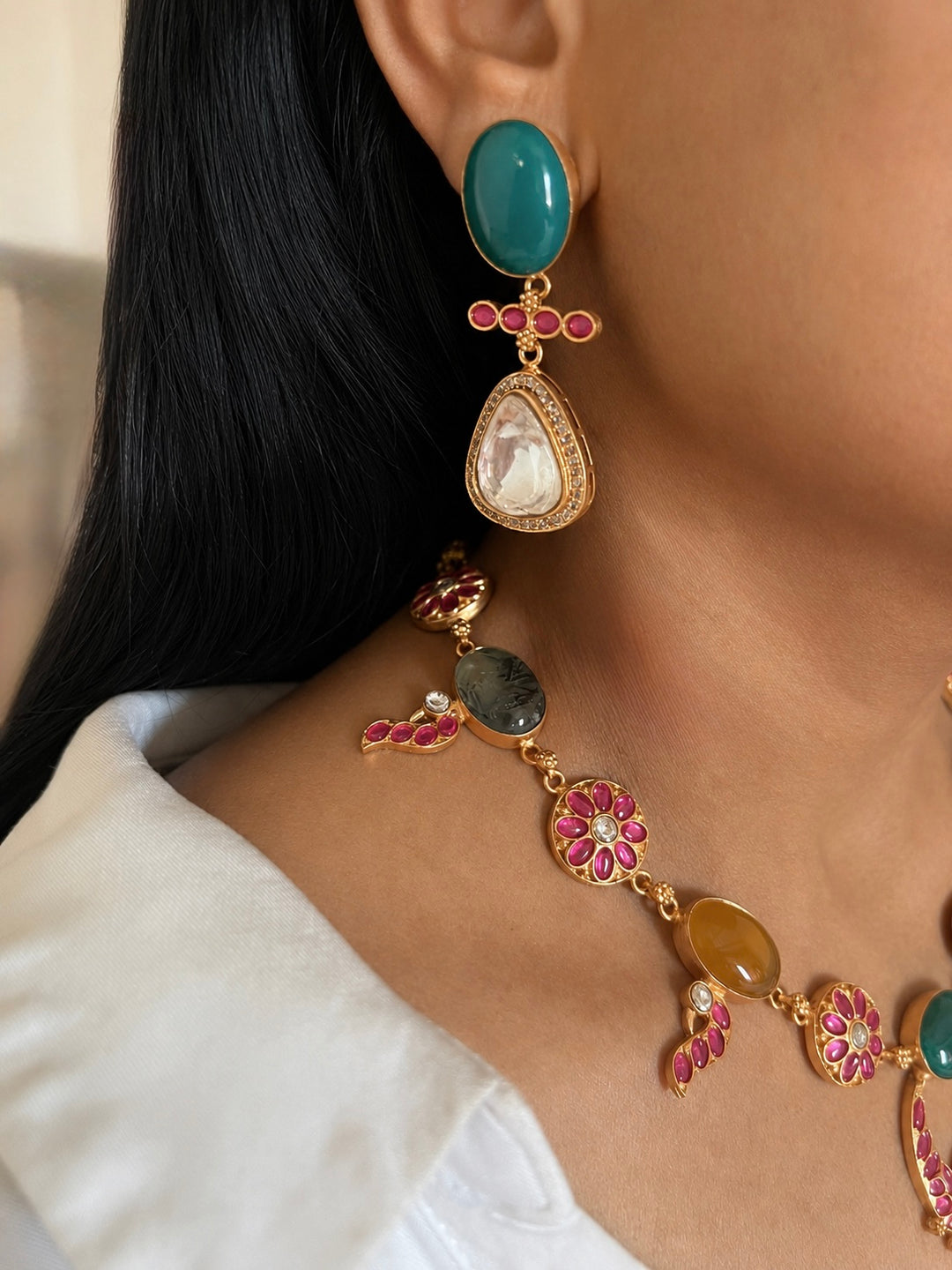 Multi Gemstone Jadau Choker Necklace Set with Earrings