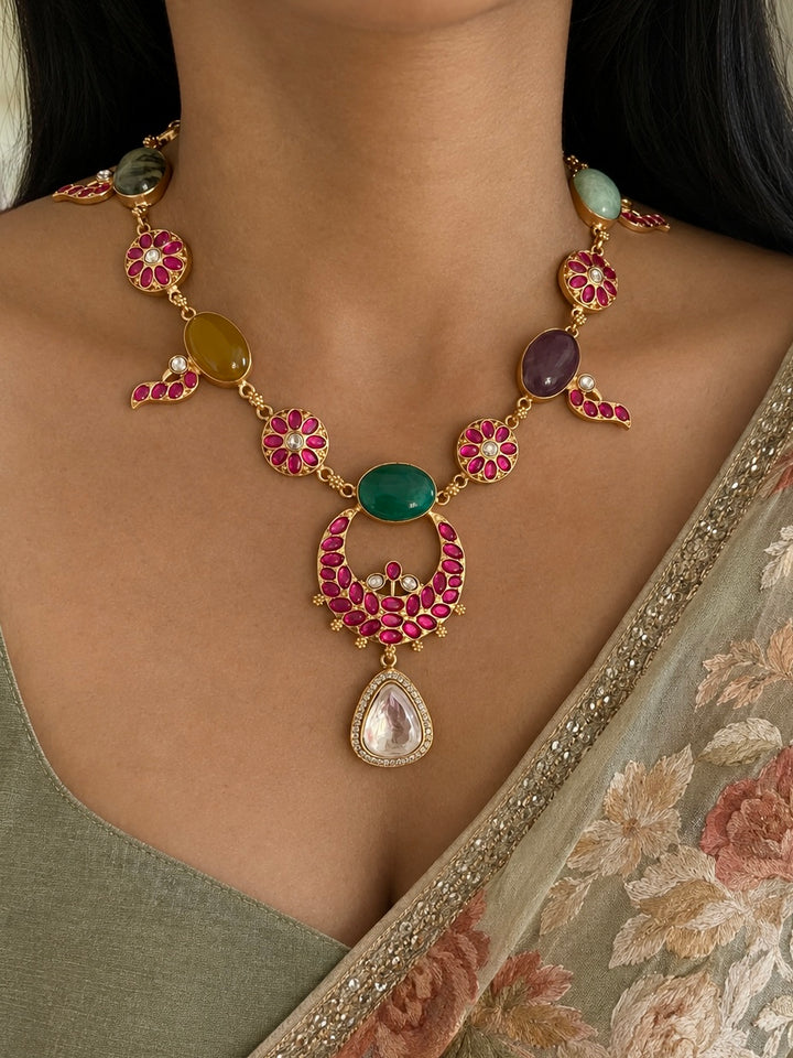 Multi Gemstone Jadau Choker Necklace Set with Earrings