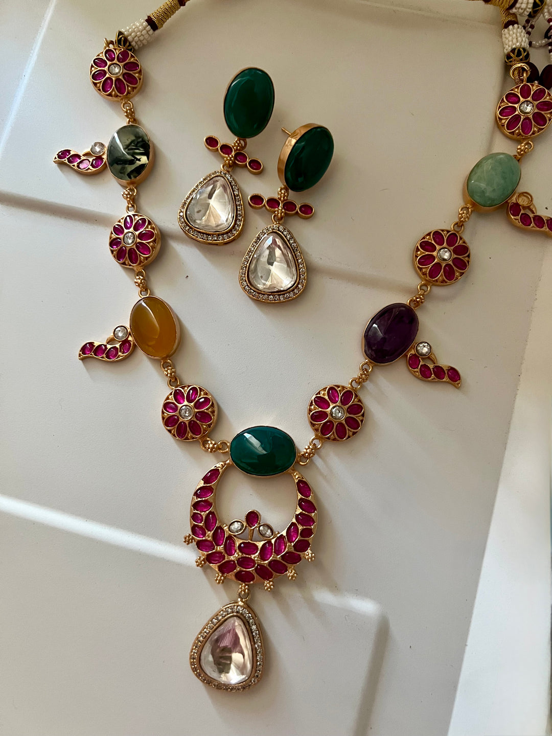 Multi Gemstone Jadau Choker Necklace Set with Earrings