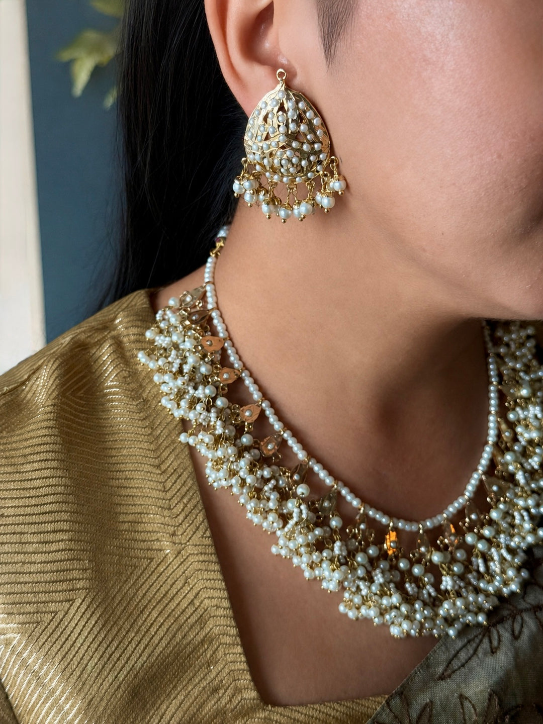 Statement Jadau Pearl Necklace Set | 18k Gold Plated | Pearls
