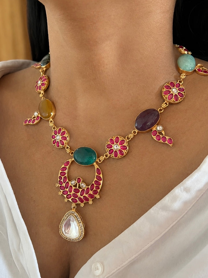 Multi Gemstone Jadau Choker Necklace Set with Earrings