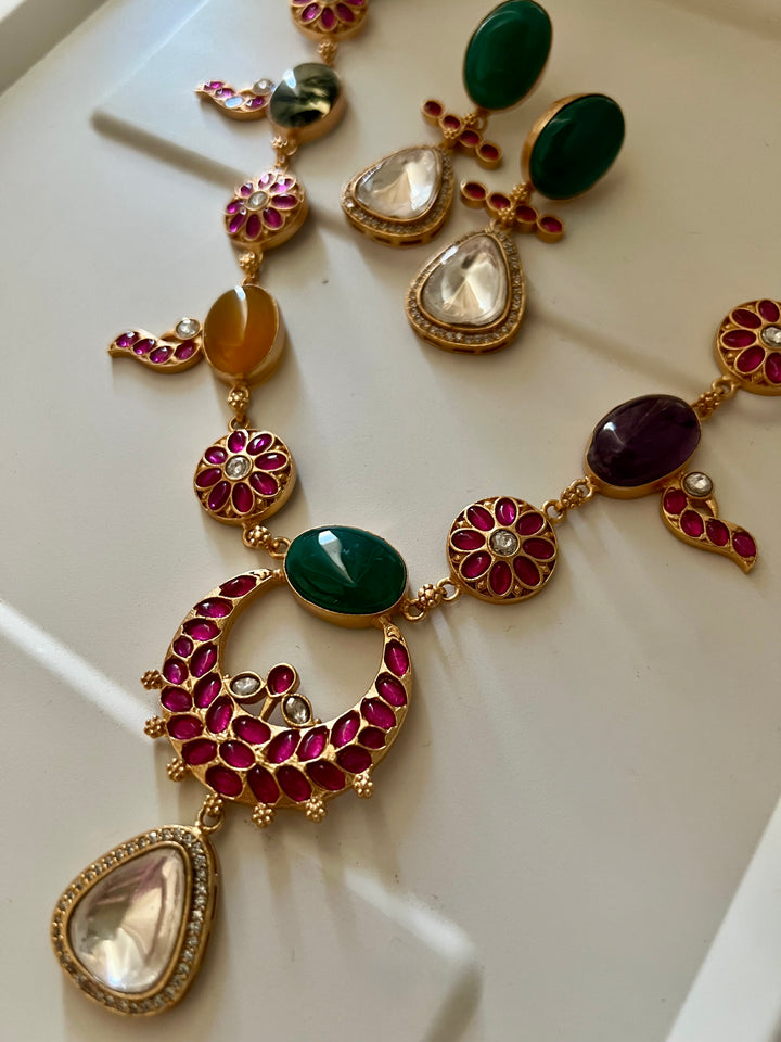 Multi Gemstone Jadau Choker Necklace Set with Earrings