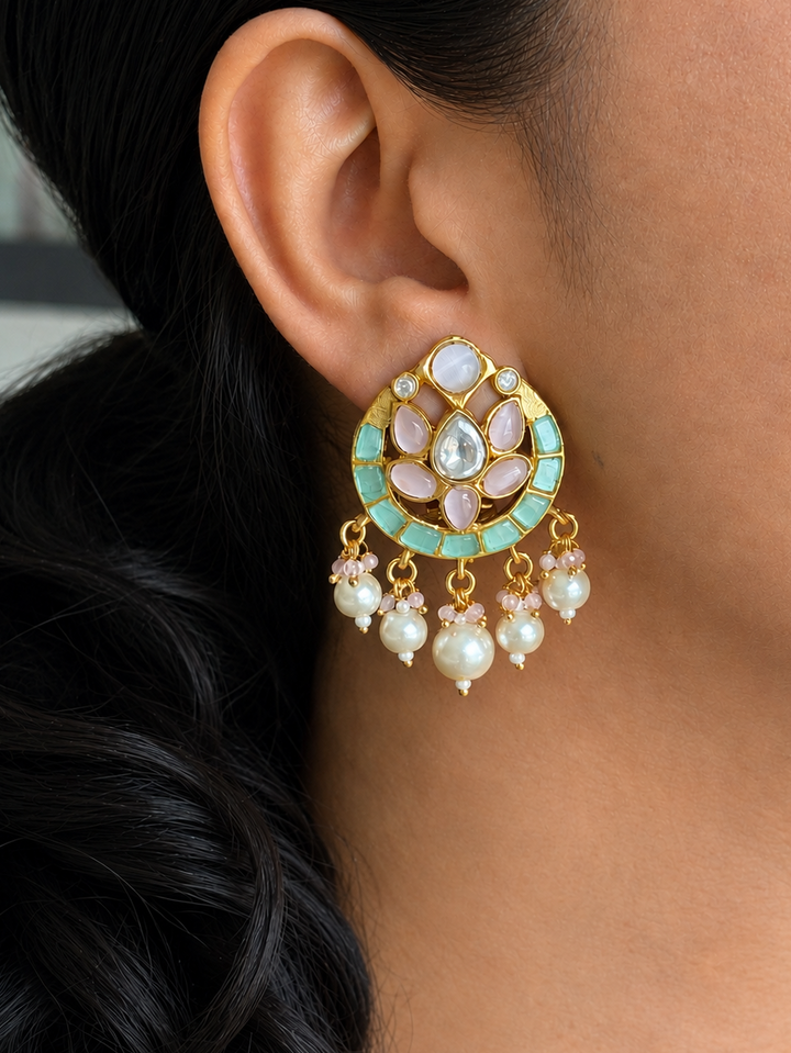 Jadau Kundan Lotus Drop Earrings, Pastel Pink & Mint Green Statement Drops