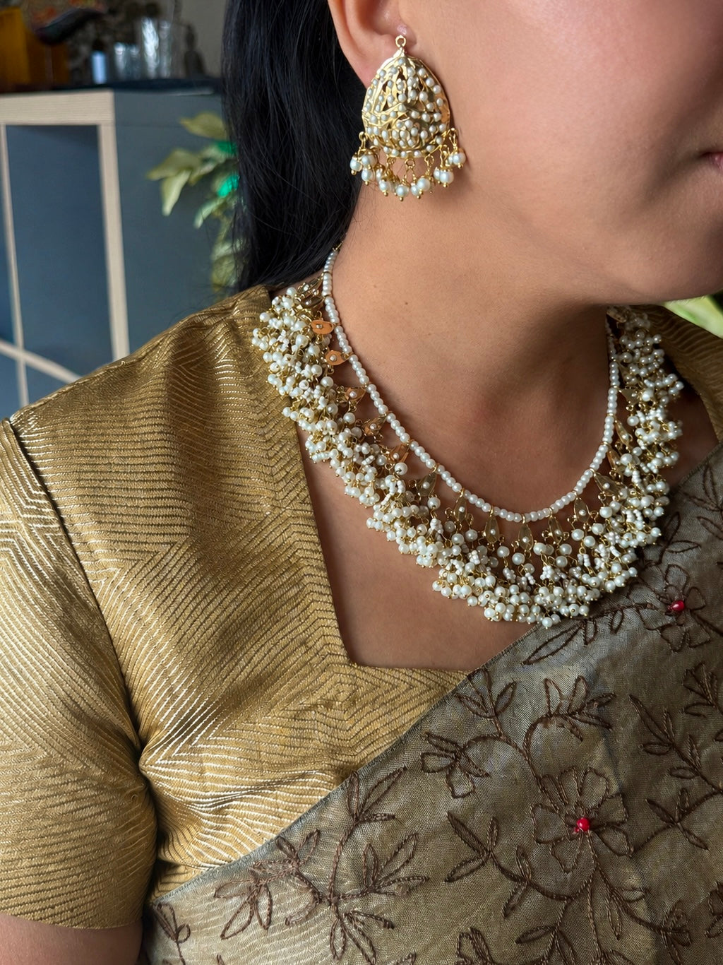 Statement Jadau Pearl Necklace Set | 18k Gold Plated | Pearls