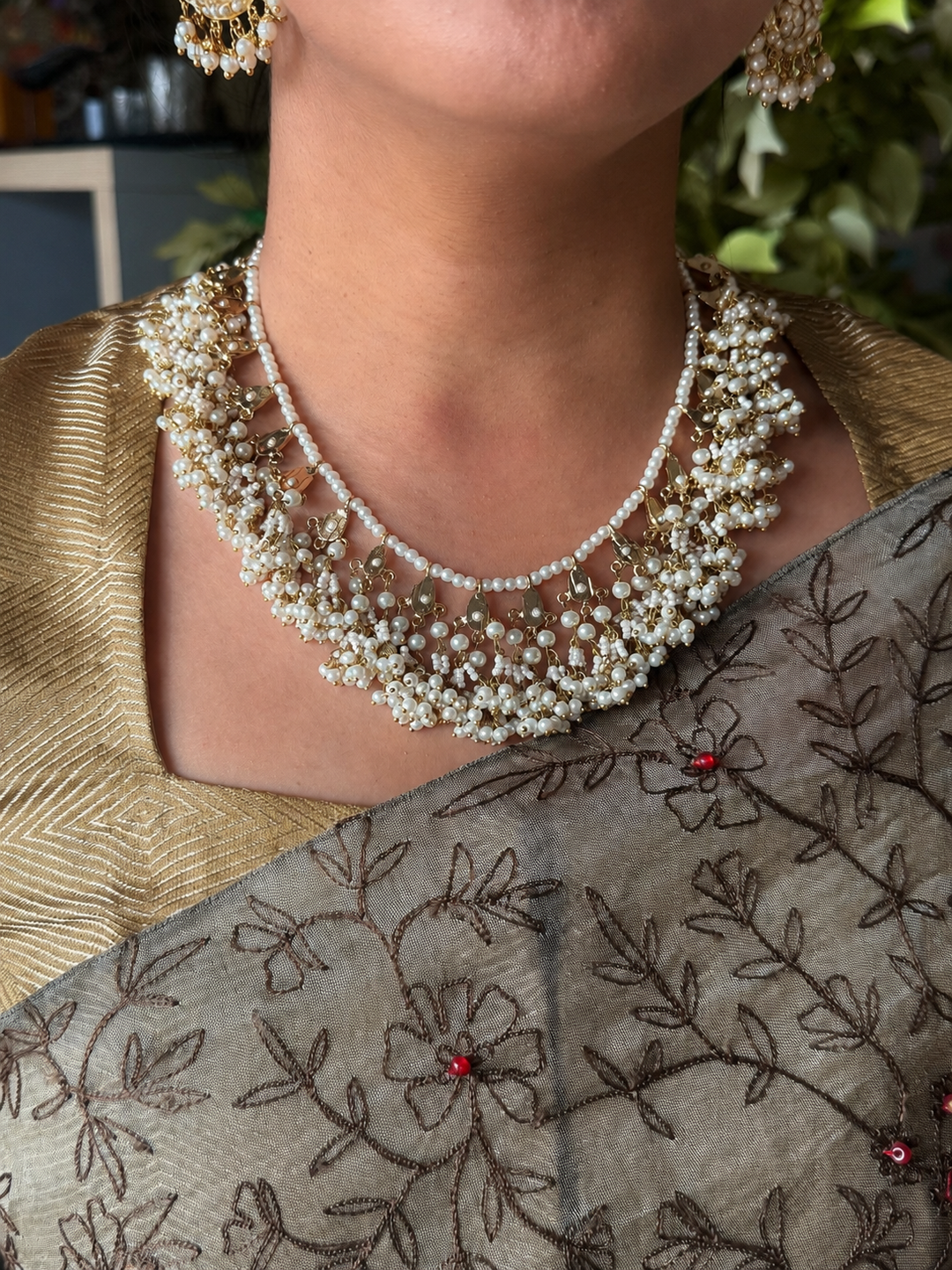 Statement Jadau Pearl Necklace Set | 18k Gold Plated | Pearls