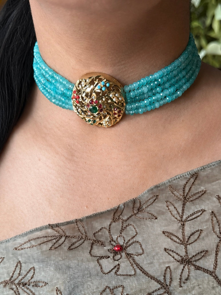 Statement Jadau Choker Necklace Set | 18k Gold Plated | Copper & Semi-Precious Stones