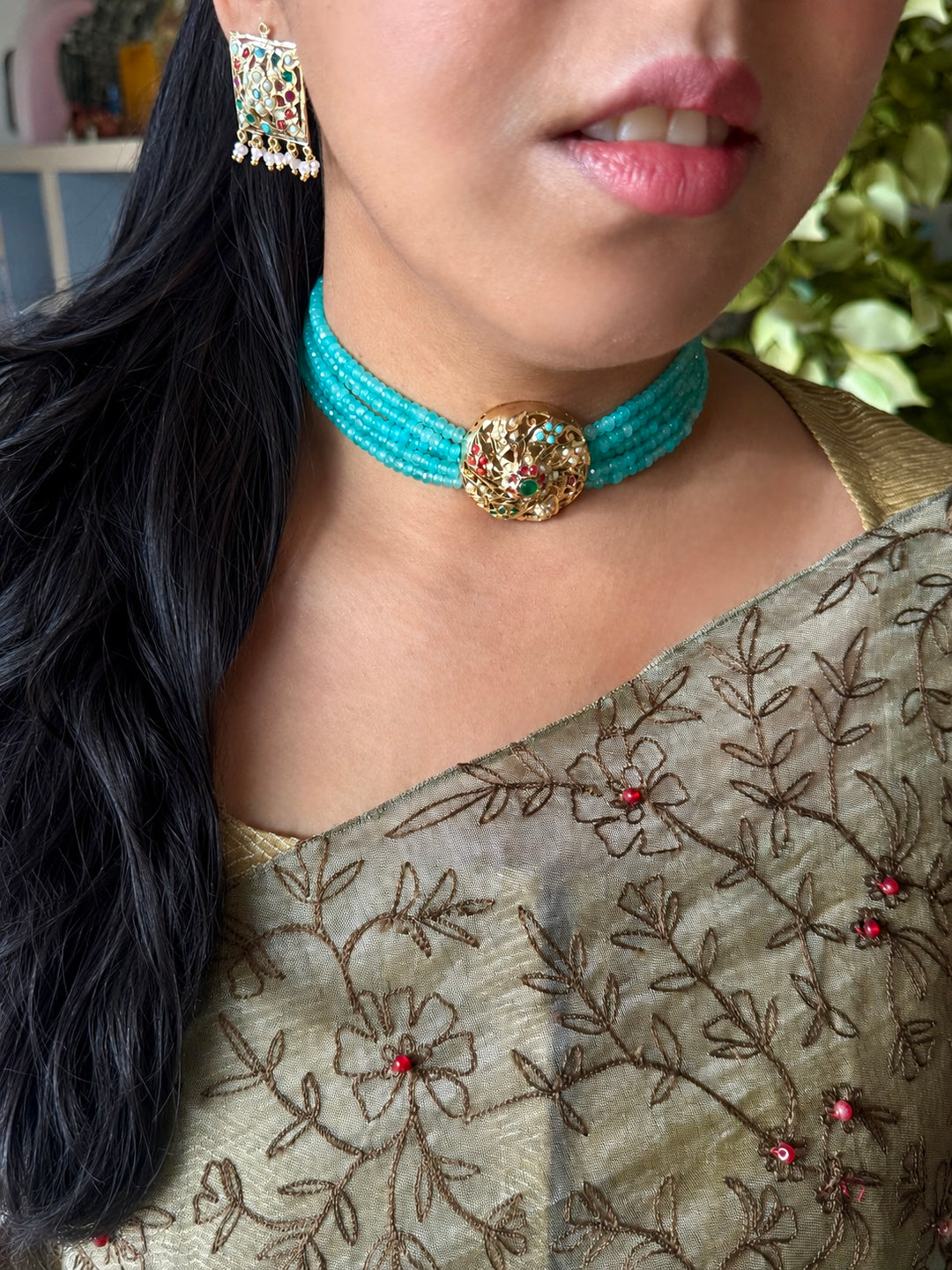 Statement Jadau Choker Necklace Set | 18k Gold Plated | Copper & Semi-Precious Stones