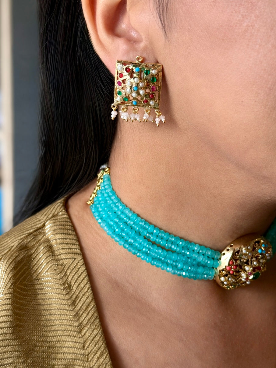 Statement Jadau Choker Necklace Set | 18k Gold Plated | Copper & Semi-Precious Stones