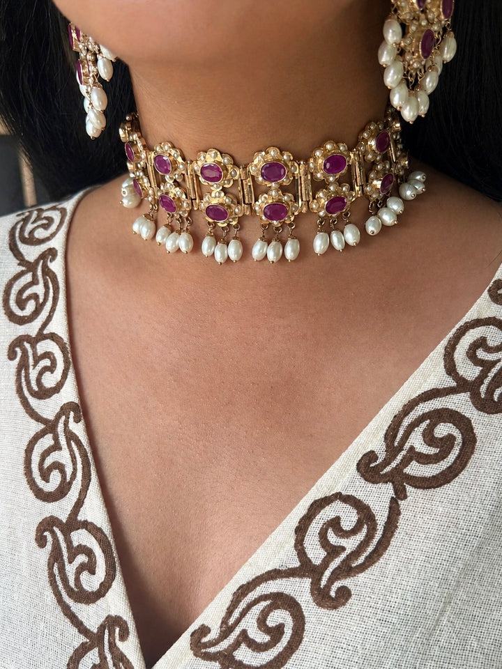 Handcrafted Ruby Red Twin Layer Choker Necklace Set