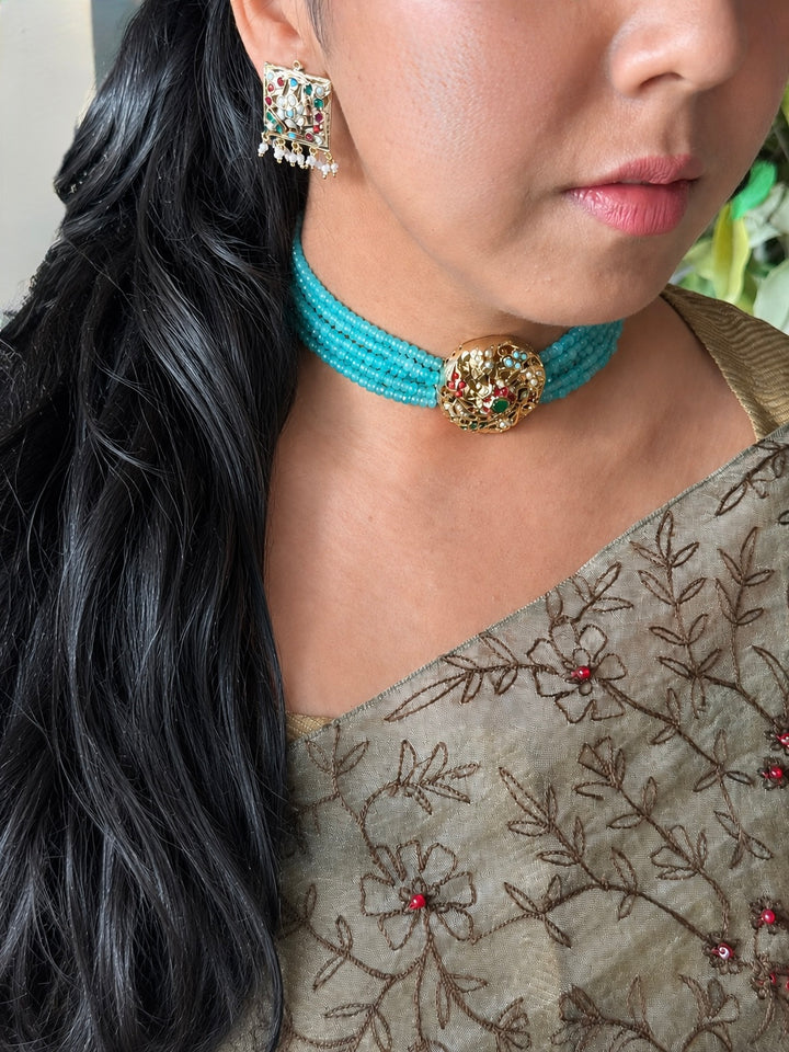Statement Jadau Choker Necklace Set | 18k Gold Plated | Copper & Semi-Precious Stones