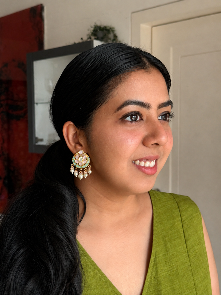 Jadau Kundan Lotus Drop Earrings, Pastel Pink & Mint Green Statement Drops