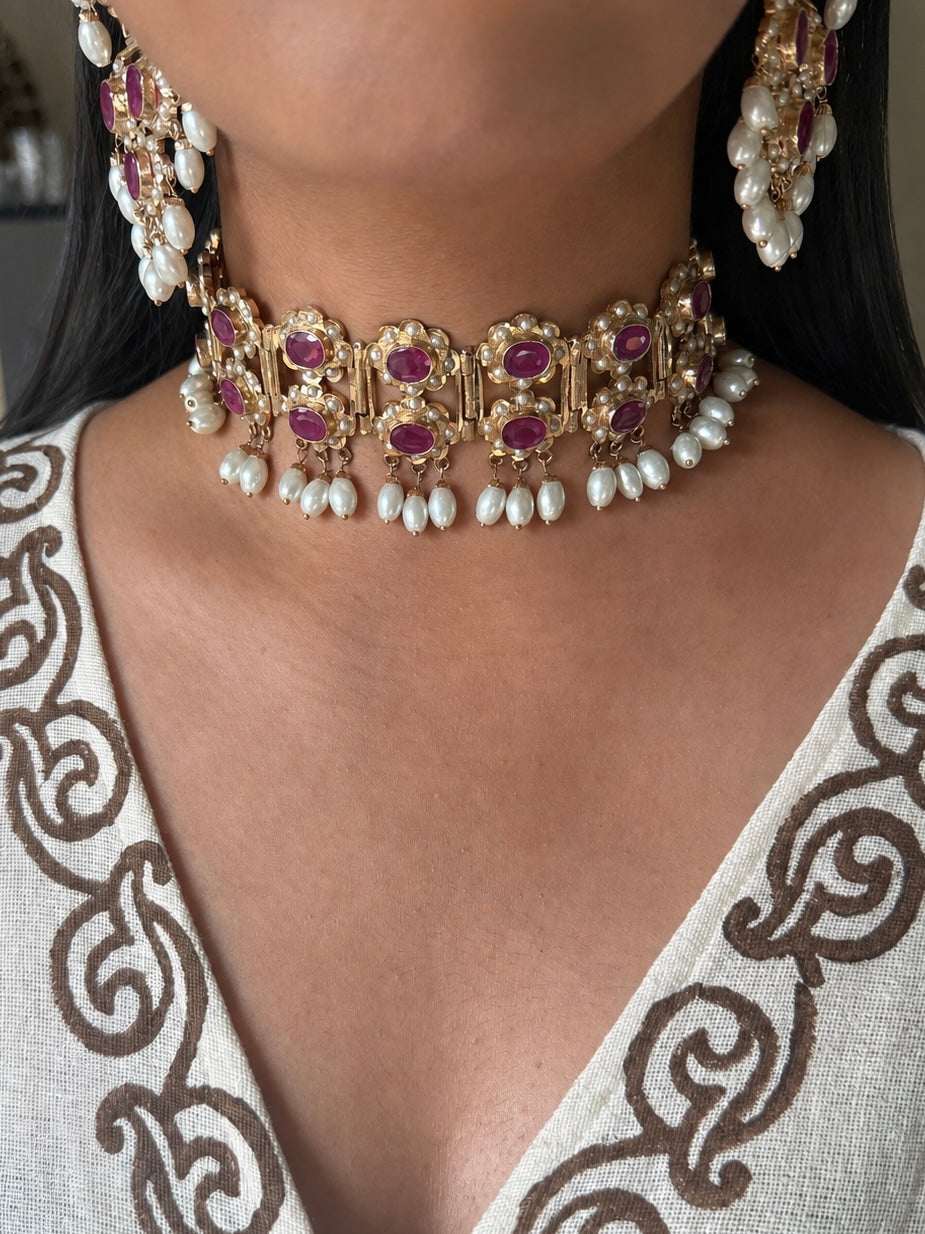 Handcrafted Ruby Red Twin Layer Choker Necklace Set