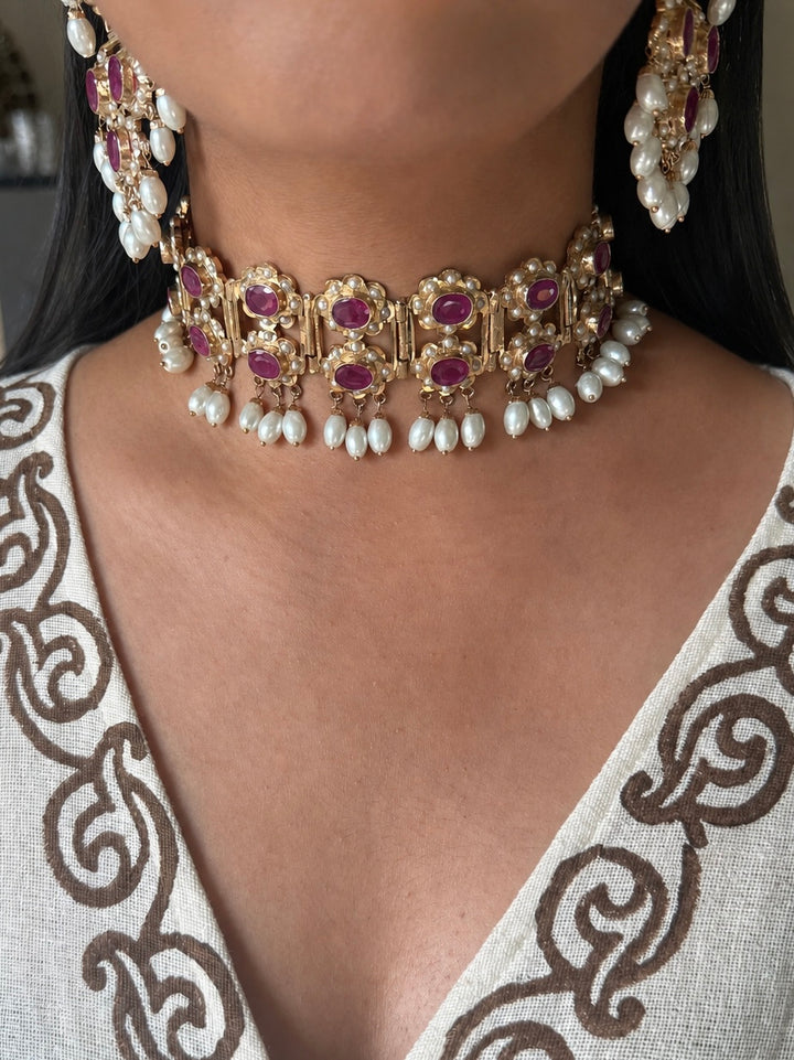 Handcrafted Ruby Red Twin Layer Choker Necklace Set
