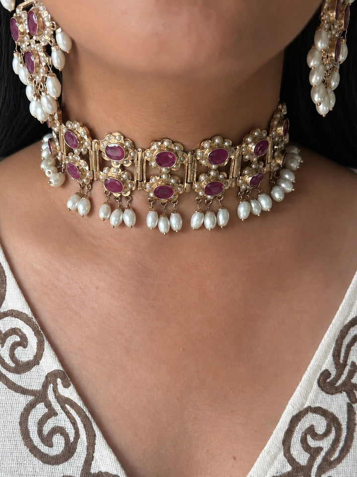 Handcrafted Ruby Red Twin Layer Choker Necklace Set