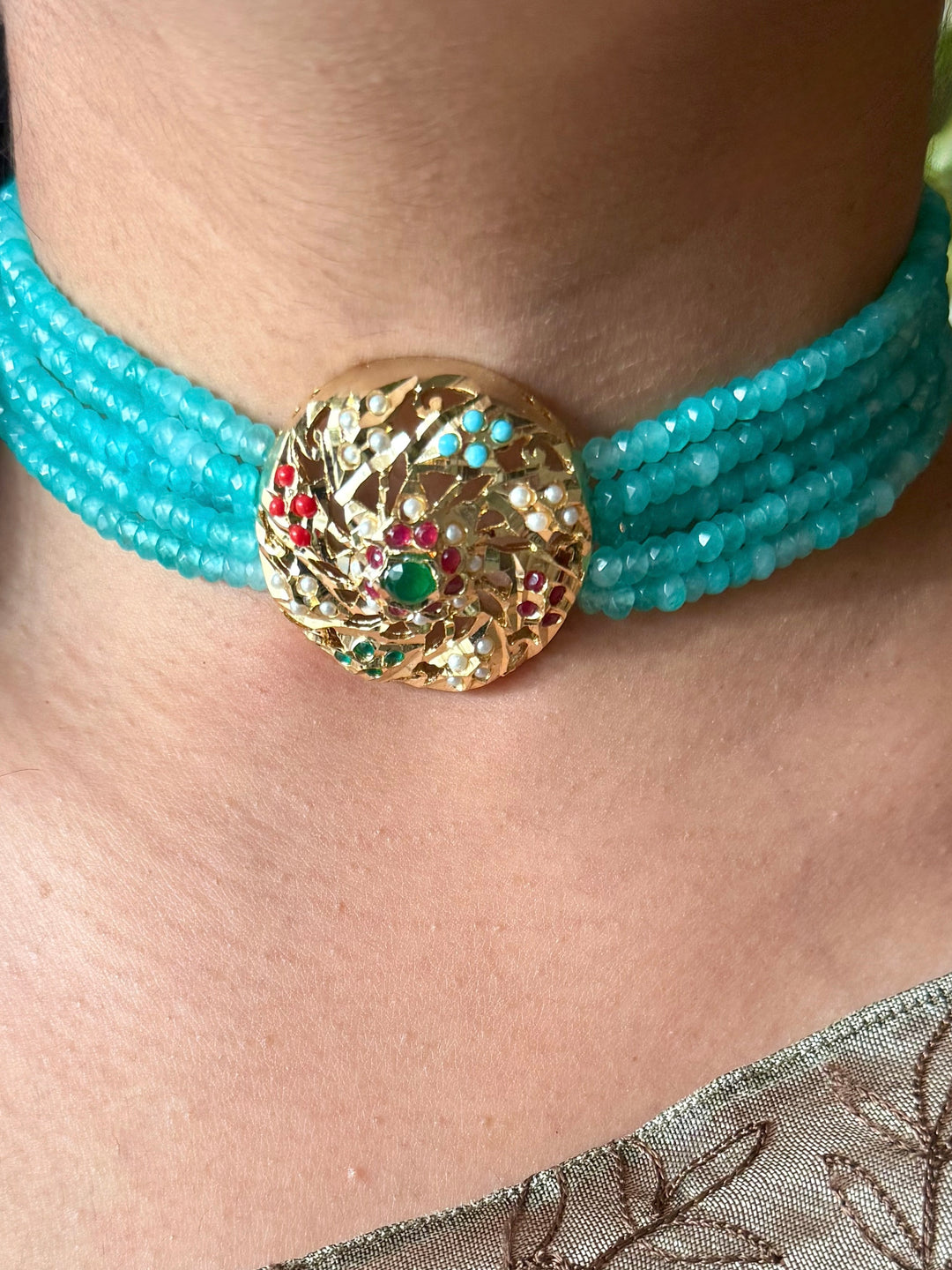 Statement Jadau Choker Necklace Set | 18k Gold Plated | Copper & Semi-Precious Stones