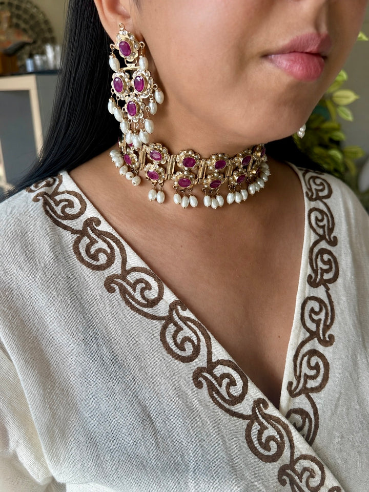 Handcrafted Ruby Red Twin Layer Choker Necklace Set
