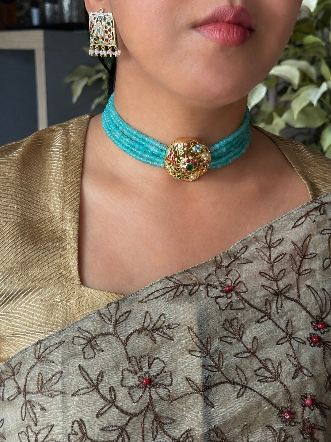 Statement Jadau Choker Necklace Set | 18k Gold Plated | Copper & Semi-Precious Stones