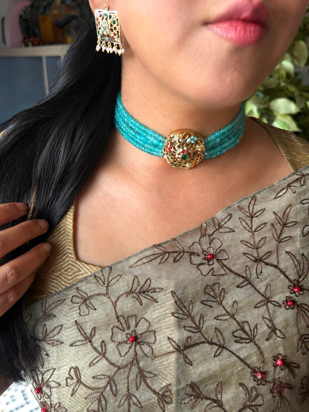 Statement Jadau Choker Necklace Set | 18k Gold Plated | Copper & Semi-Precious Stones