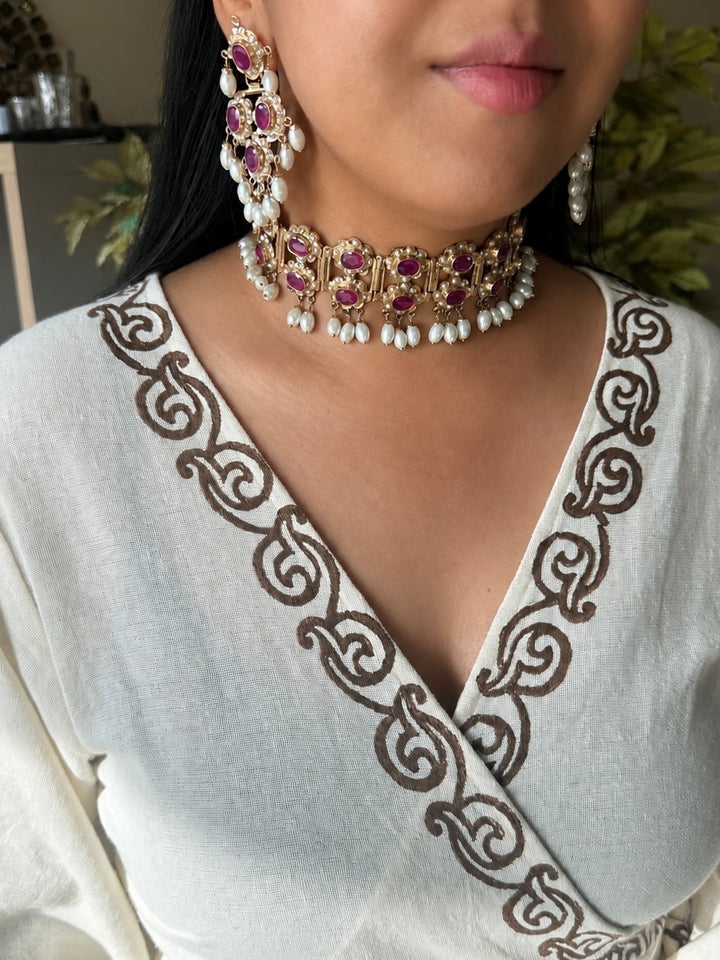 Handcrafted Ruby Red Twin Layer Choker Necklace Set