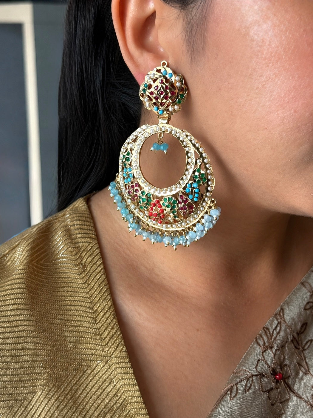 Statement Jadau Chandbaalis | 18k Gold Plated | Copper & Semi-Precious Stones