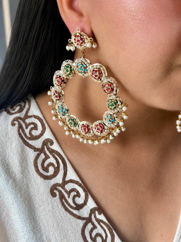 Statement Jadau Chandbaalis | 18k Gold Plated | Copper & Semi-Precious Stones