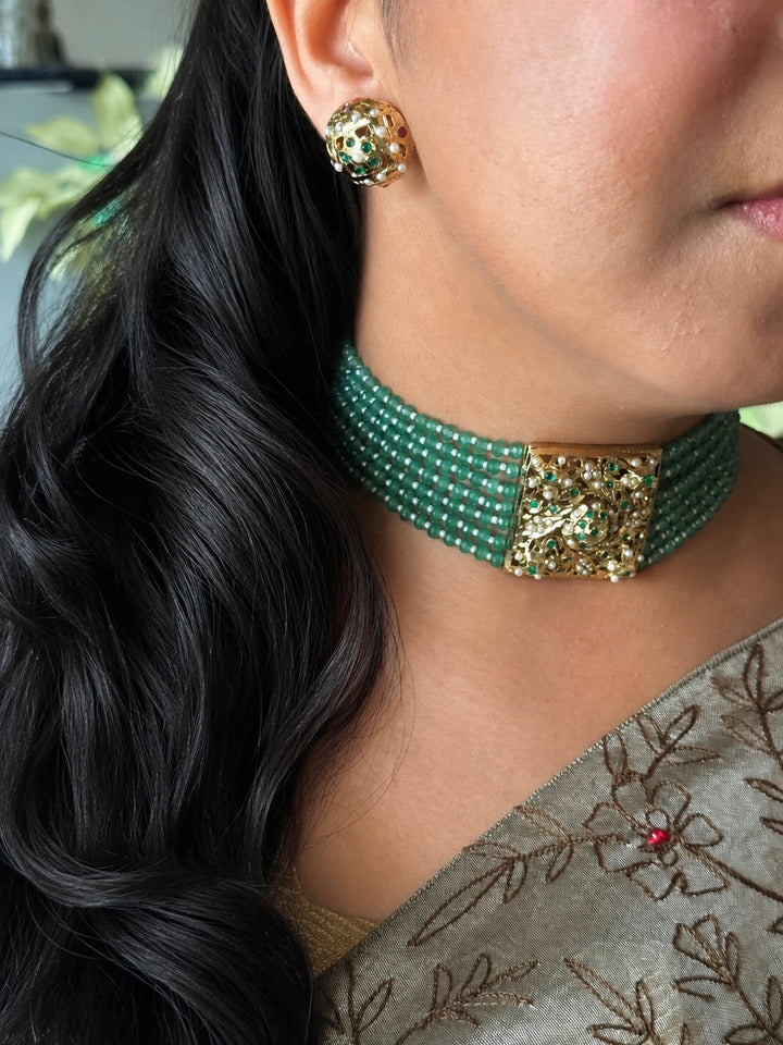 Statement Jadau Choker Necklace Set | 18k Gold Plated | Copper & Semi-Precious Stones