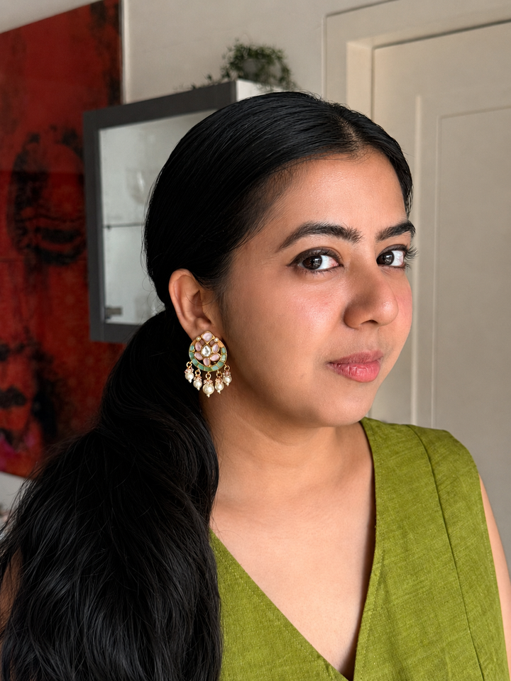 Jadau Kundan Lotus Drop Earrings, Pastel Pink & Mint Green Statement Drops