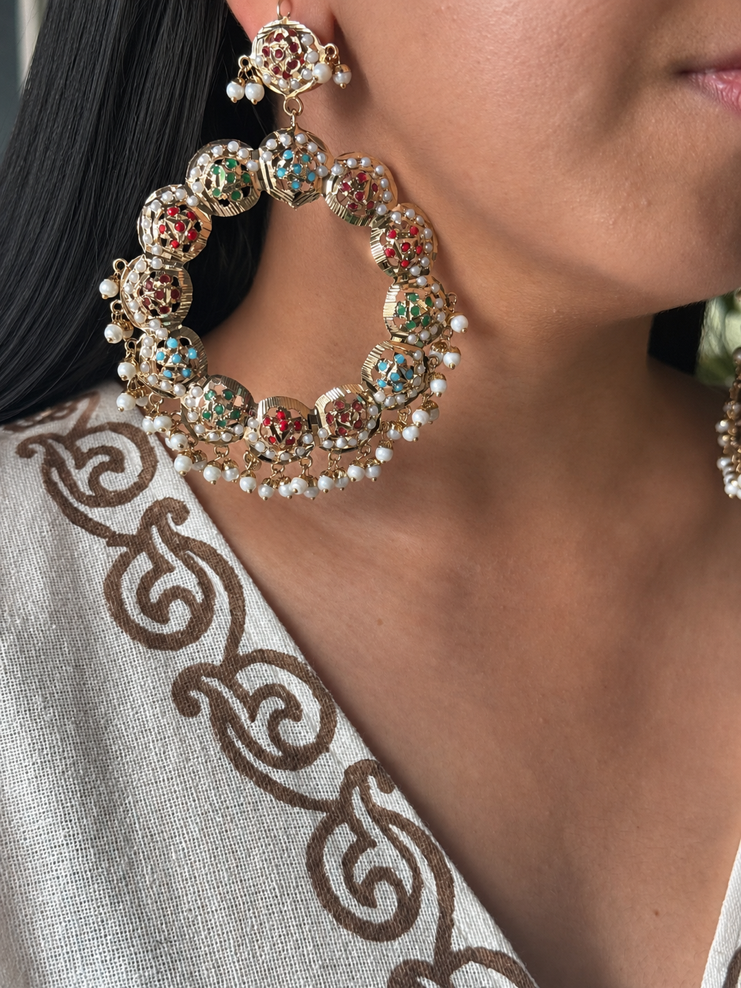 Statement Jadau Chandbaalis | 18k Gold Plated | Copper & Semi-Precious Stones