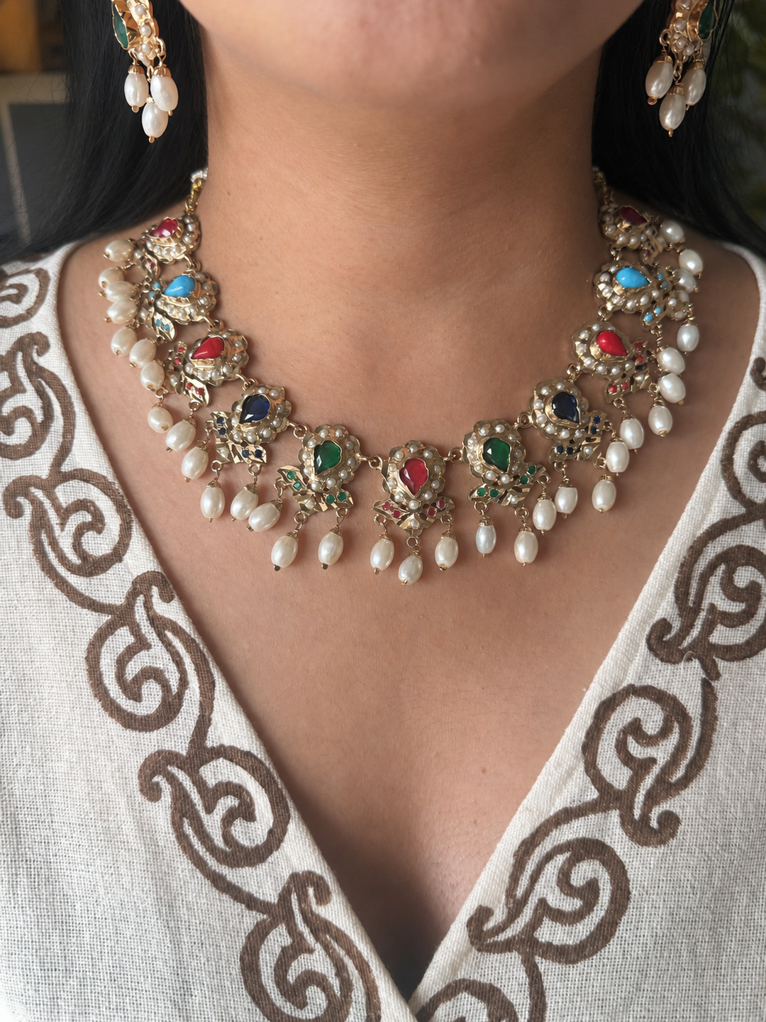 Statement Jadau Necklace Set | 18k Gold Plated | Copper & Semi-Precious Stones