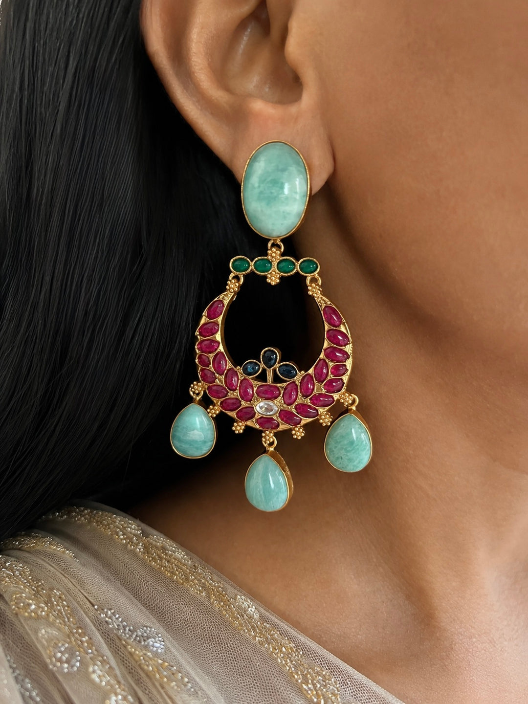 Designer Kempu Earrings with Pastel Amazonite Gemstones
