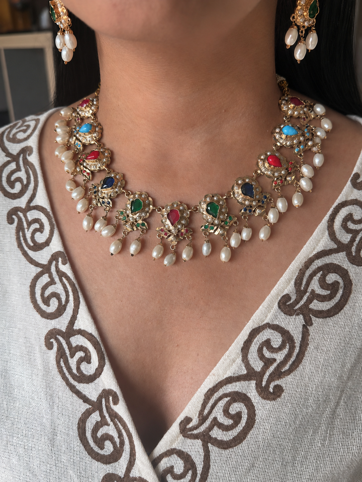 Statement Jadau Necklace Set | 18k Gold Plated | Copper & Semi-Precious Stones