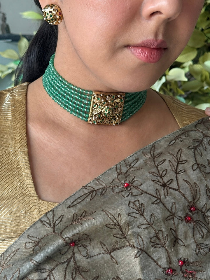Statement Jadau Choker Necklace Set | 18k Gold Plated | Copper & Semi-Precious Stones