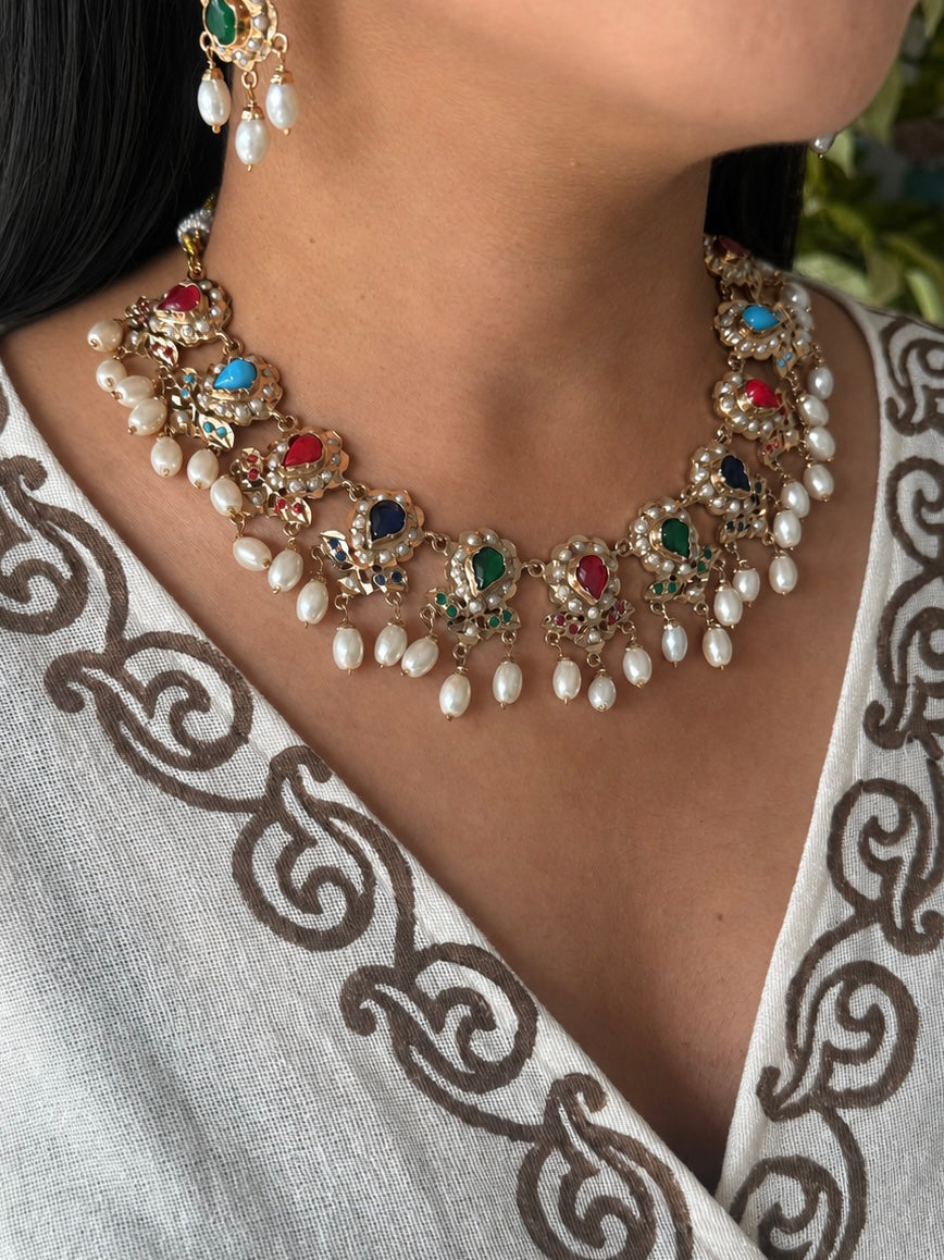 Statement Jadau Necklace Set | 18k Gold Plated | Copper & Semi-Precious Stones