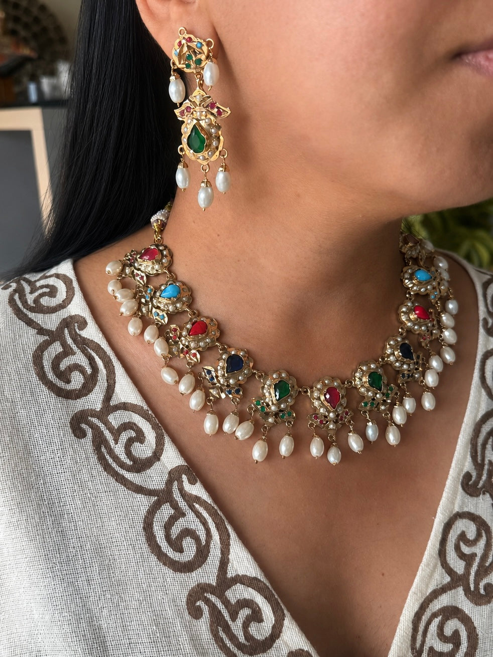 Statement Jadau Necklace Set | 18k Gold Plated | Copper & Semi-Precious Stones