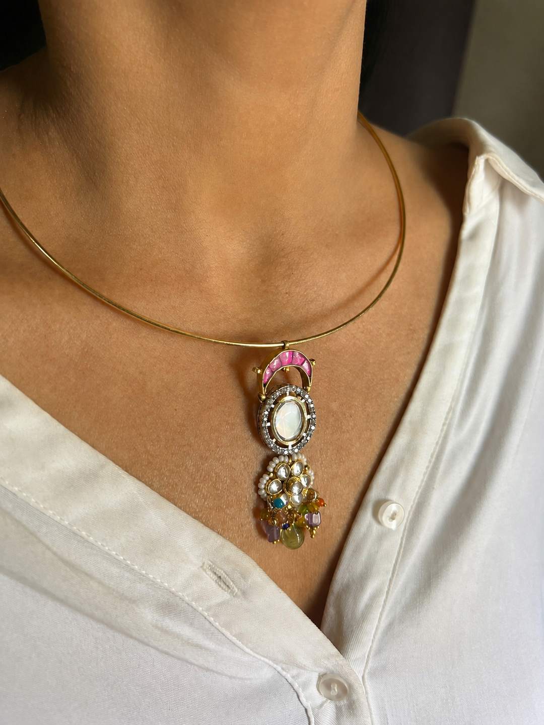 Sleek Gold Collar Wire Necklace Set with CZ & Gemstone Charm, Minimalist Set