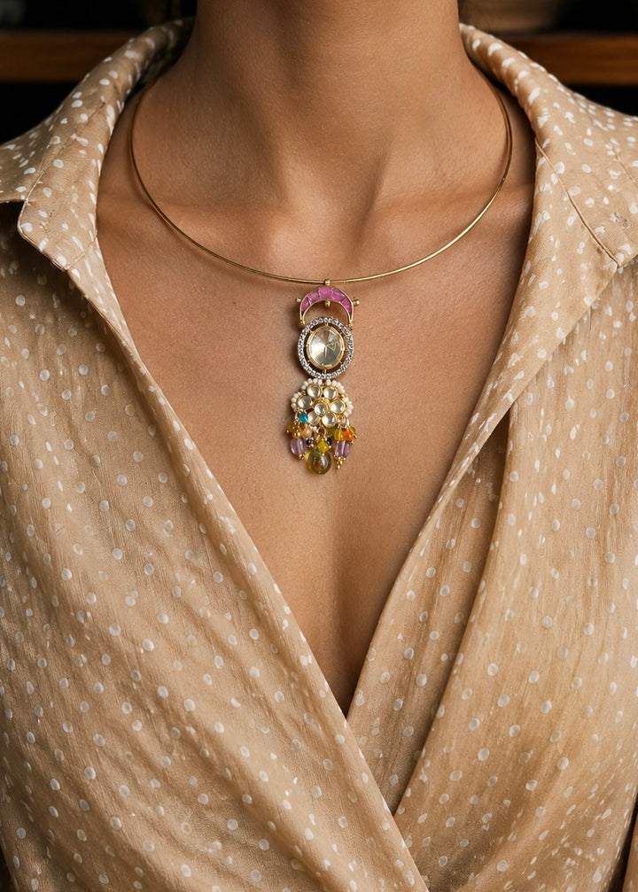 Sleek Gold Collar Wire Necklace Set with CZ & Gemstone Charm, Minimalist Set