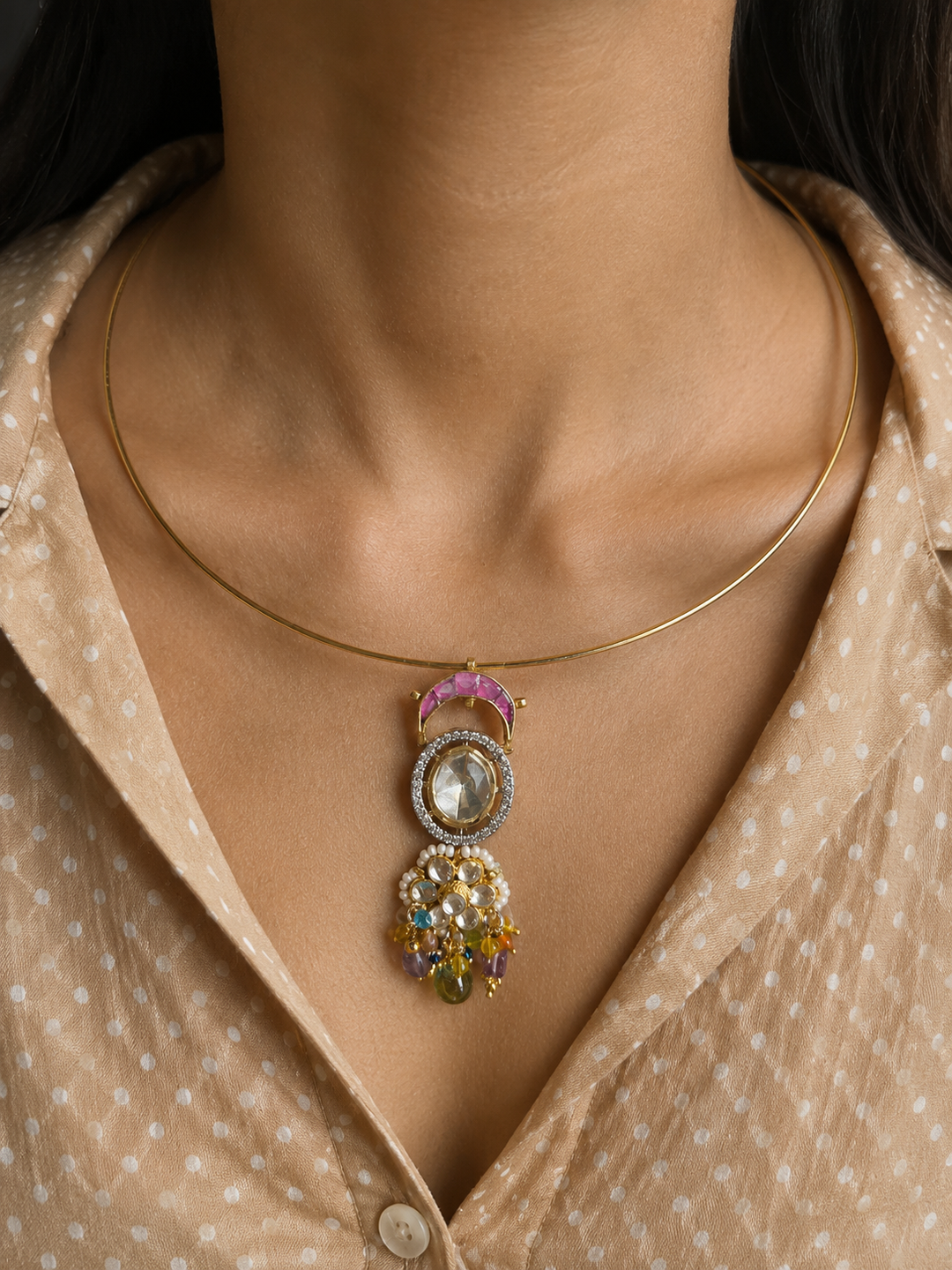 Sleek Gold Collar Wire Necklace Set with CZ & Gemstone Charm, Minimalist Set