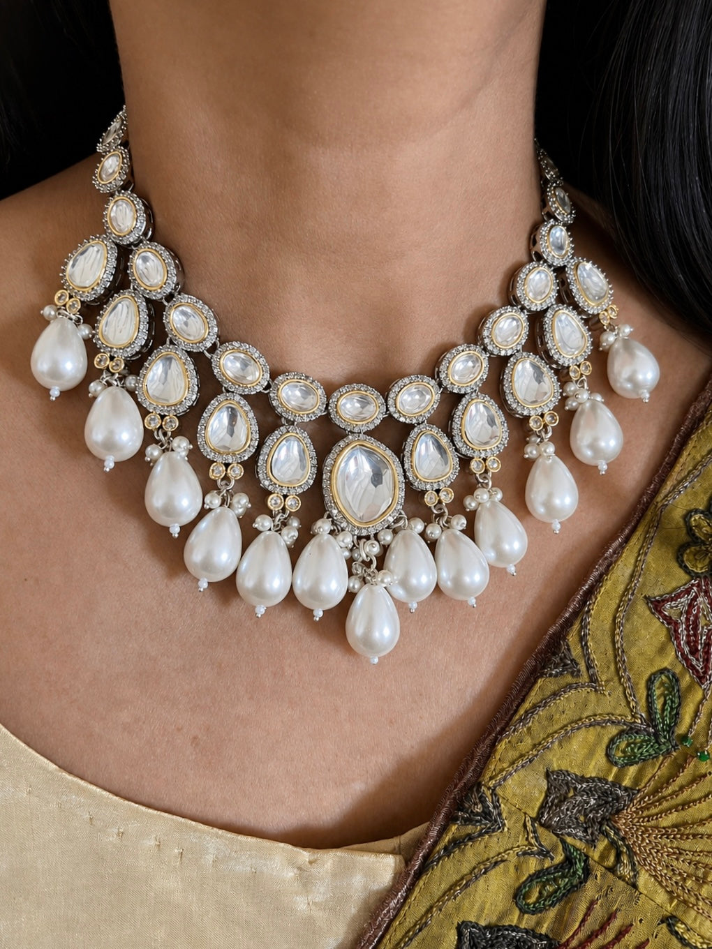 Victorian Kundan Necklace Set with Pearl Drops