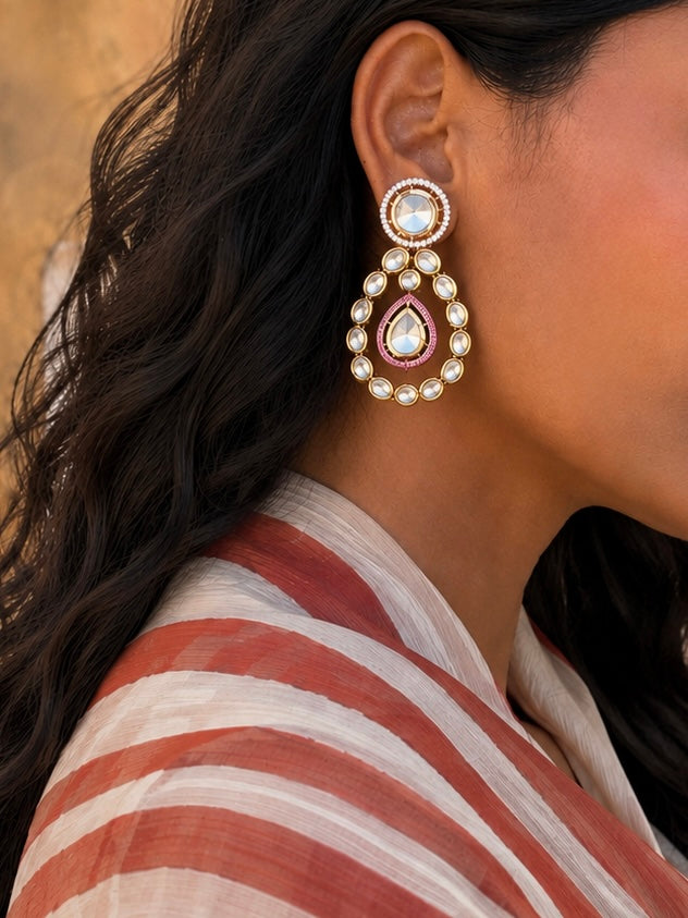 Kundan Teardrop Earrings with CZ & Pink Stone Accent