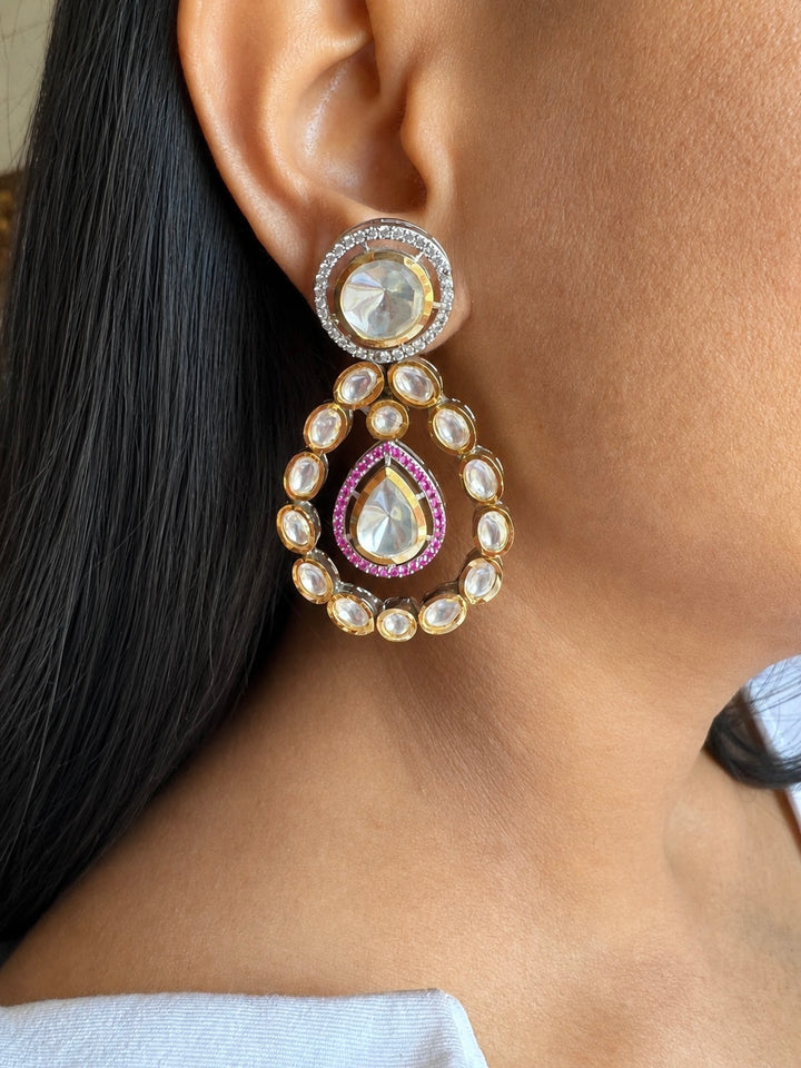 Kundan Teardrop Earrings with CZ & Pink Stone Accent
