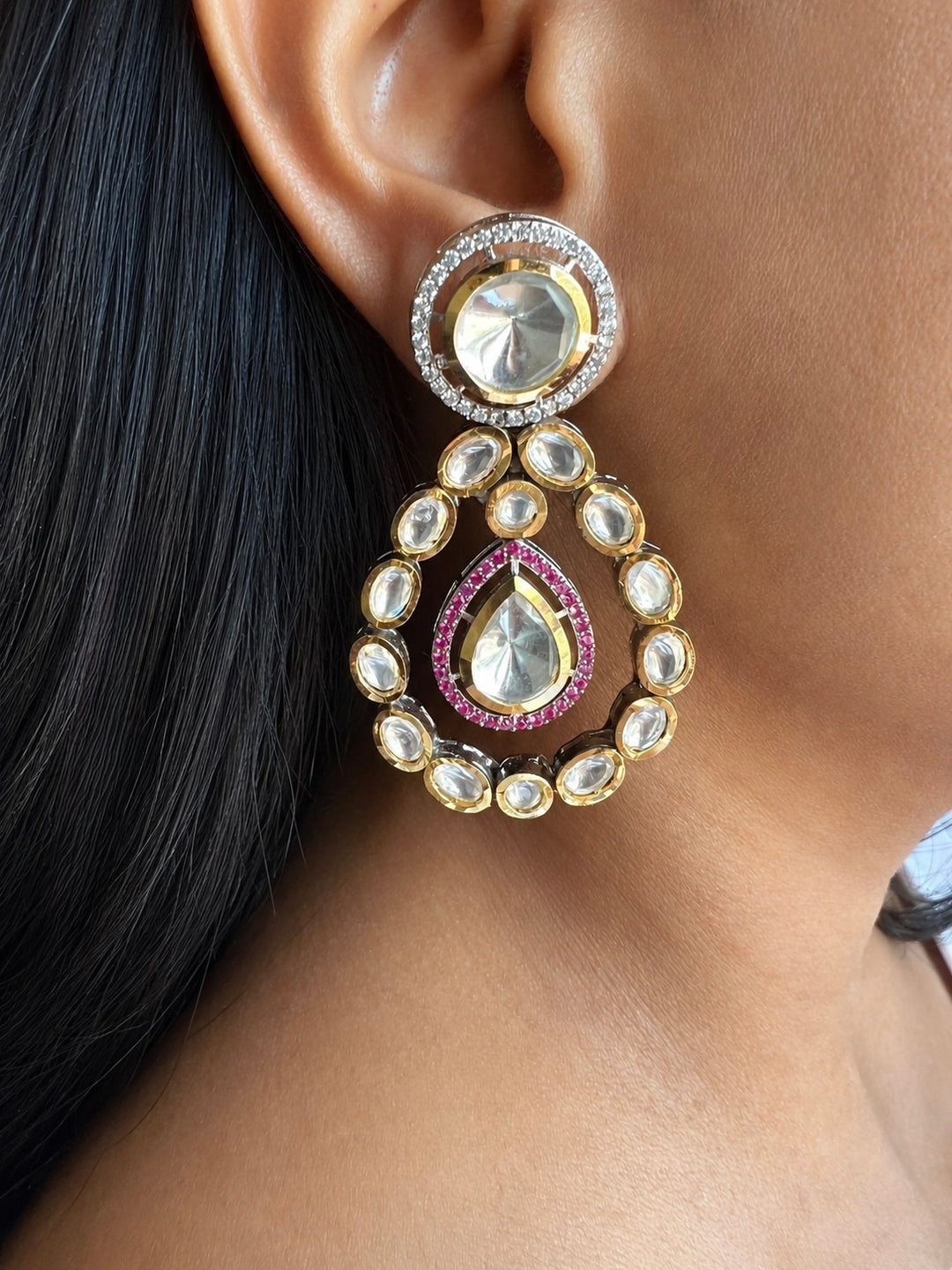 Kundan Teardrop Earrings with CZ & Pink Stone Accent