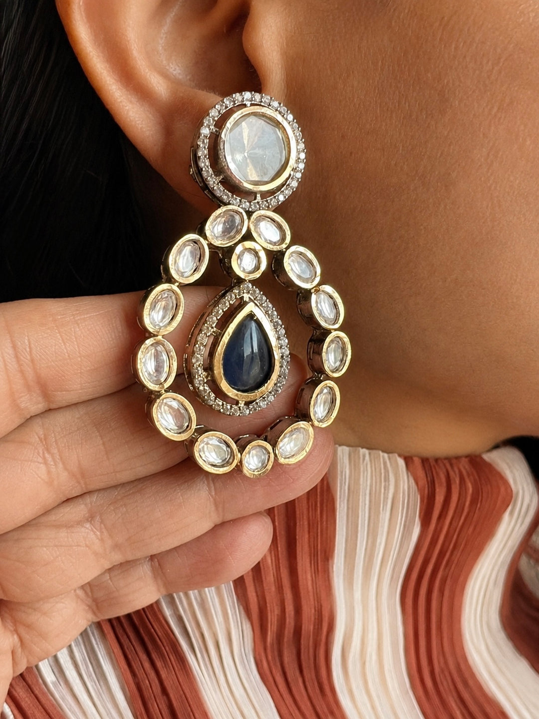 Deep Blue Stone Kundan Teardrop Statement Earrings
