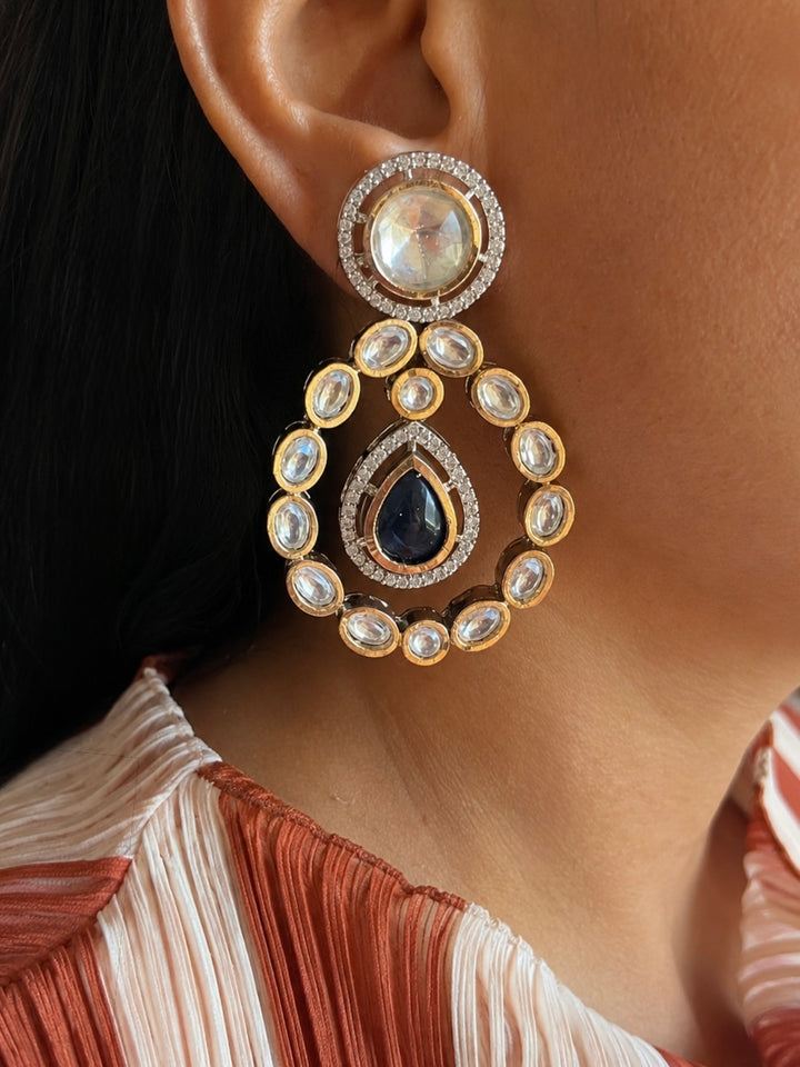 Deep Blue Stone Kundan Teardrop Statement Earrings
