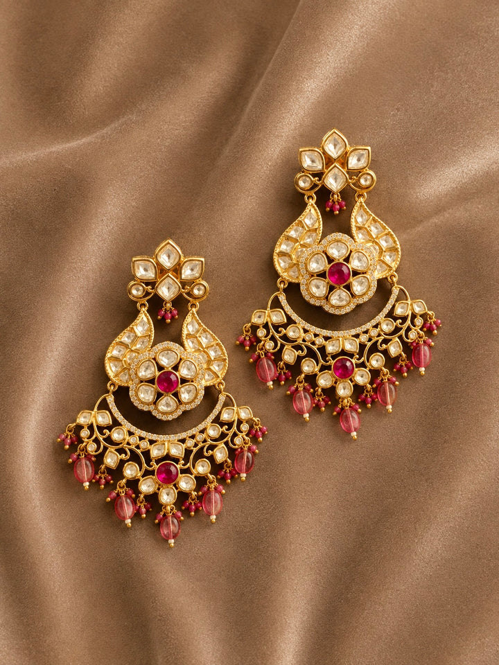 Royal Pink Kundan Chandbali Earrings with CZ Accents & Beaded Drops