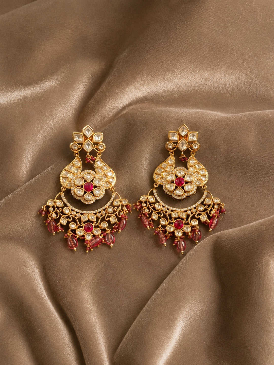 Royal Pink Kundan Chandbali Earrings with CZ Accents & Beaded Drops