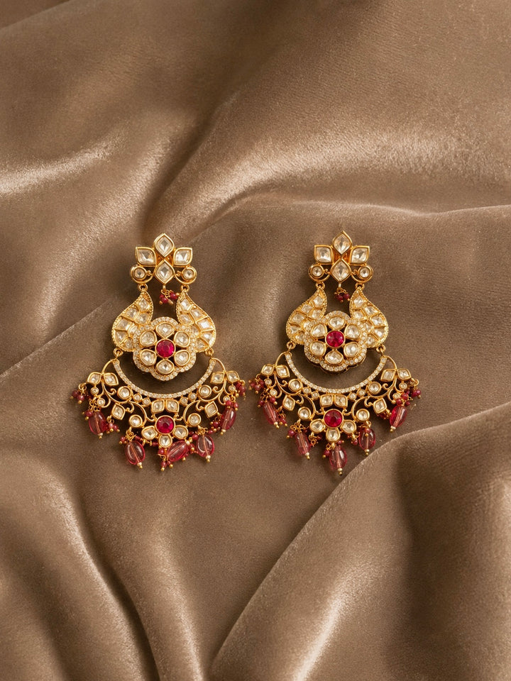 Royal Pink Kundan Chandbali Earrings with CZ Accents & Beaded Drops