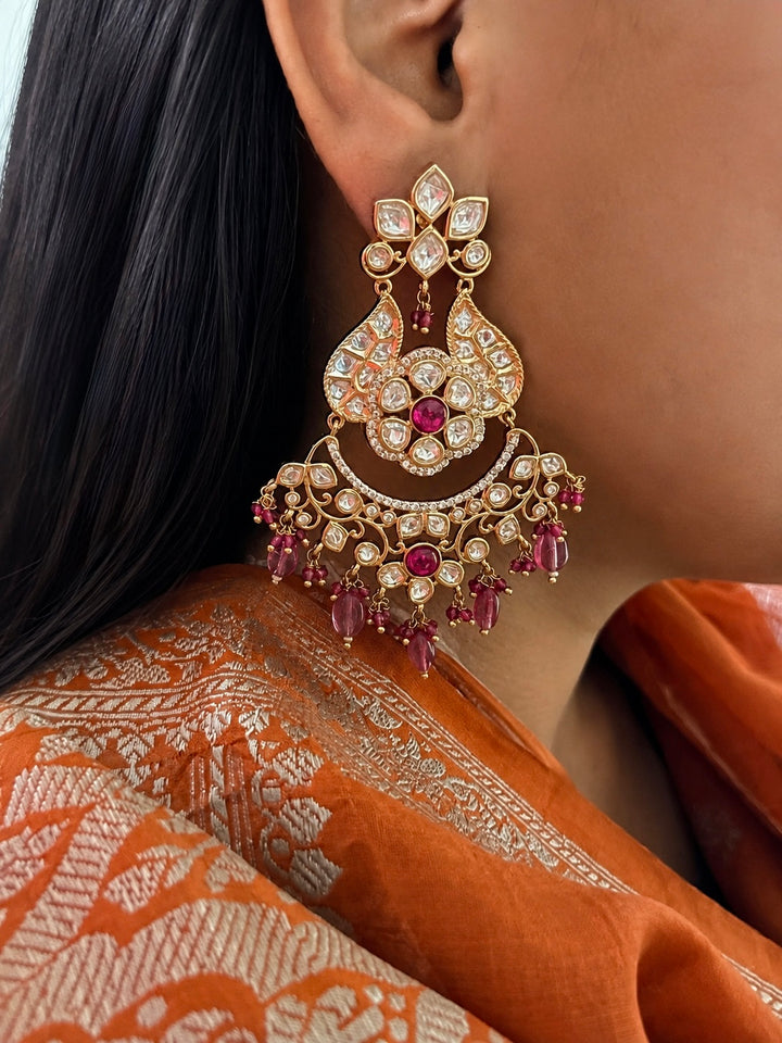 Royal Pink Kundan Chandbali Earrings with CZ Accents & Beaded Drops